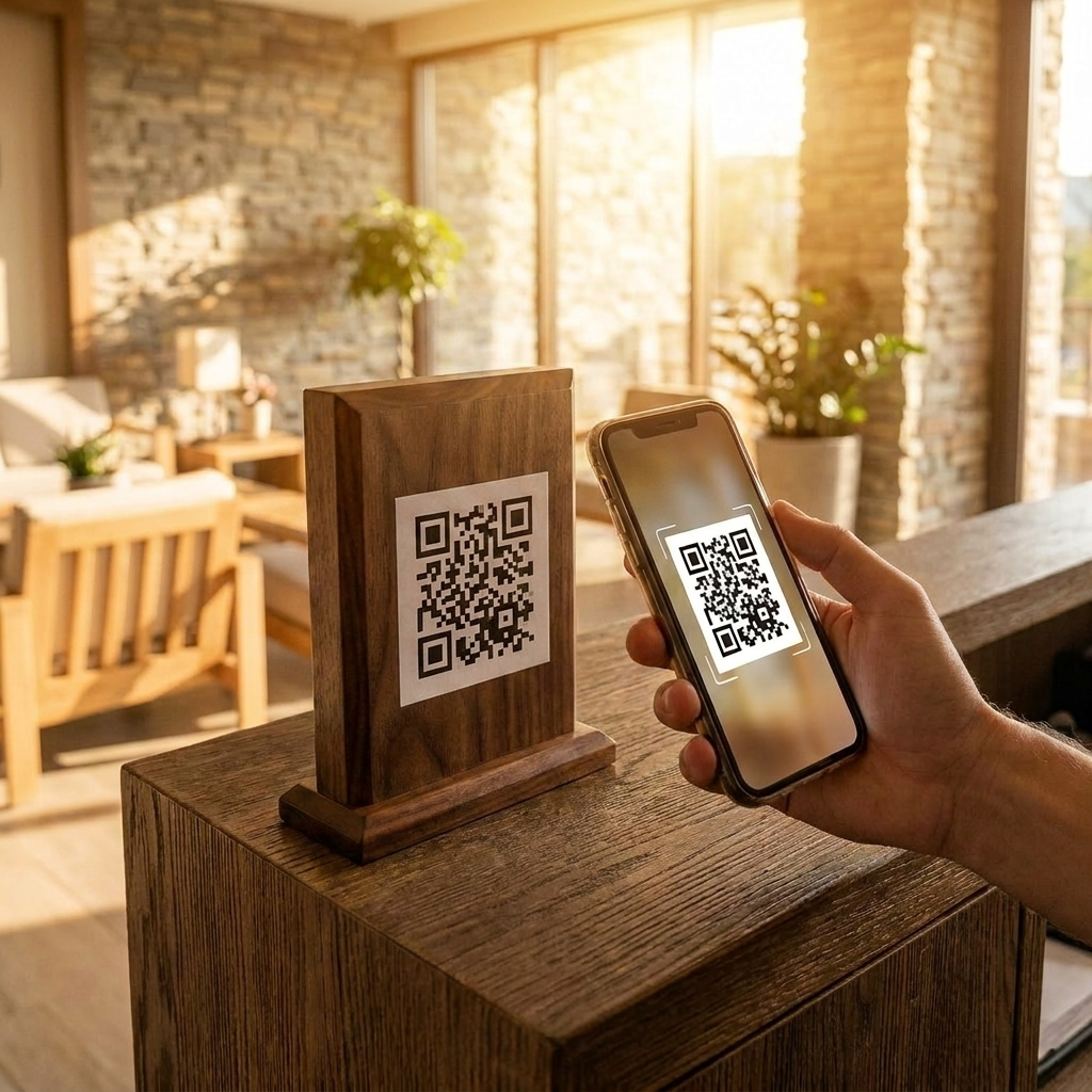 Guest scanning QR code for feedback at hotel reception